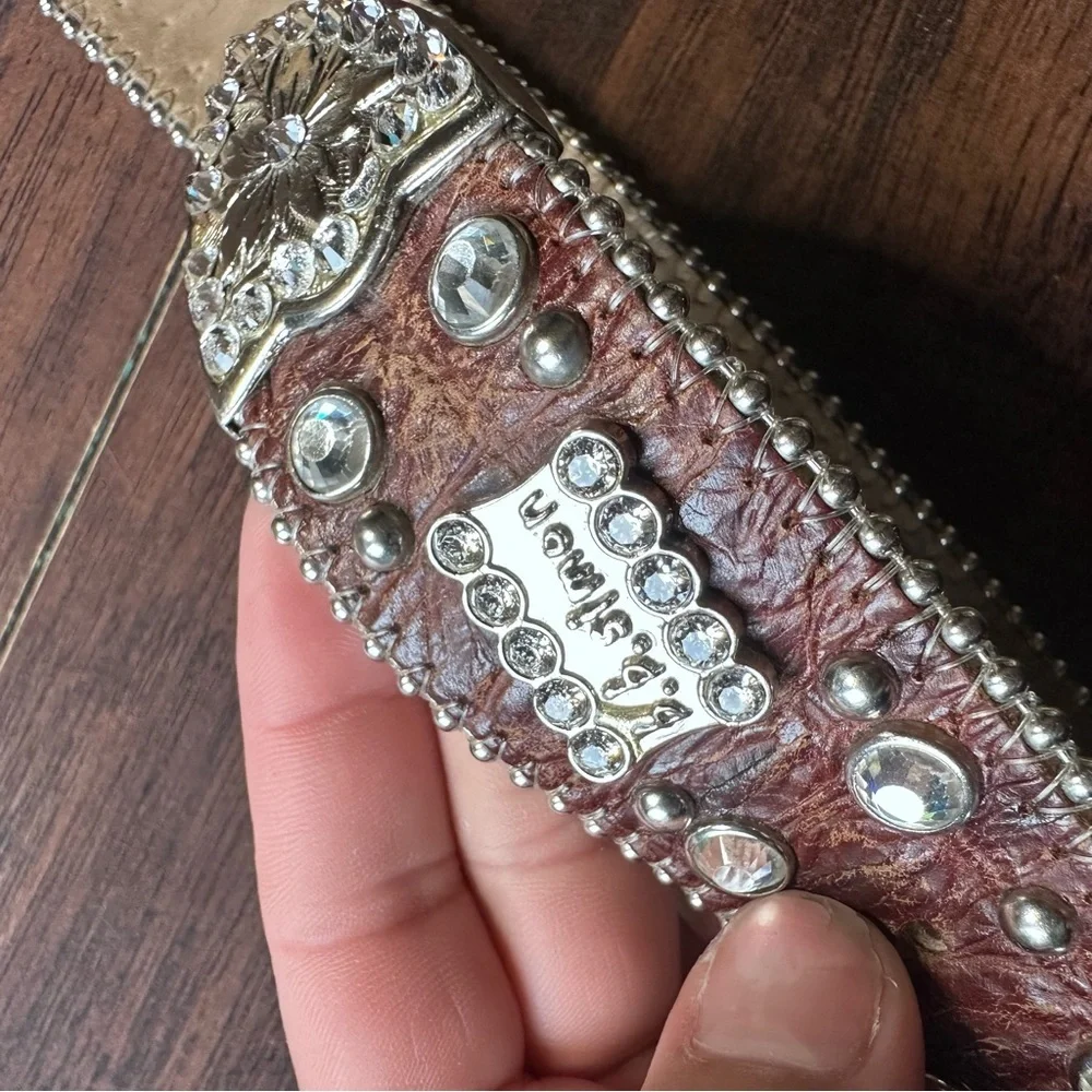 b.b. Simon Chocolate Croc Crystal Brown Leather Belt